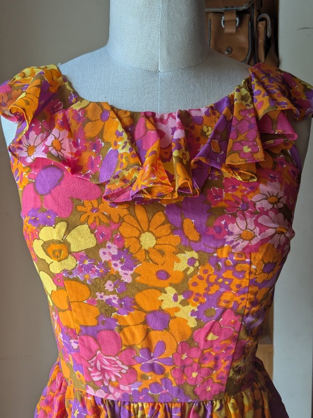 Vintage 70s Young Edwardian Sleeveless Pink/Orange Ruffled Sleeveless Mini - XS